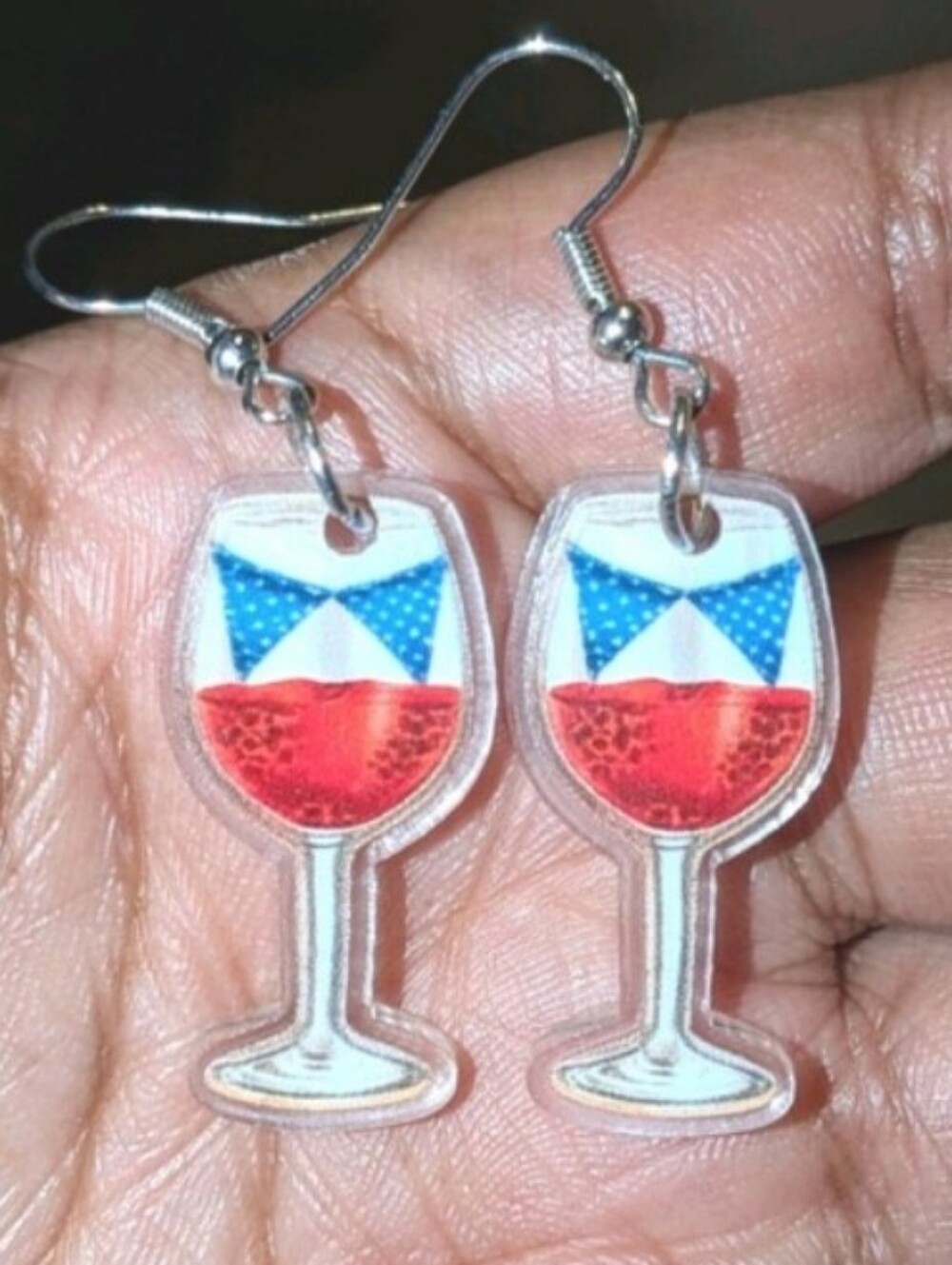 Patriotic Wine Glass Dangle Earrings - Red, Blue